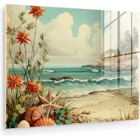 MuchoWow Glasschilderij 80x60 cm - Schilderij acrylglas - Vintage - Zee - Rotsen - Planten - Natuur - Foto op glas - Muurdecoratie woonkamer - Wanddecoratie slaapkamer - Schilderijen
