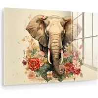 MuchoWow Glasschilderij 30x20 cm - Schilderij acrylglas - Vintage - Olifant - Bloemen - Wit - Natuur - Dieren - Foto op glas - Muurdecoratie woonkamer - Wanddecoratie slaapkamer - Schilderijen