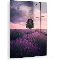 MuchoWow Glasschilderij 90x120 cm - Schilderij acrylglas - Lavendel - Bloemen - Paars - Boom - Natuur - Foto op glas - Muurdecoratie woonkamer - Wanddecoratie slaapkamer - Schilderijen