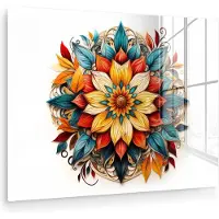 MuchoWow Glasschilderij 160x120 cm - Schilderij acrylglas - Mandala - Bloemen - Kleuren - Wit - Foto op glas - Muurdecoratie woonkamer - Wanddecoratie slaapkamer - Schilderijen