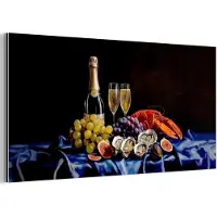 MuchoWow Aluminium schilderij 160x80 cm - Wanddecoratie metaal - Champagne - Luxe - Oesters - Metalen muurdecoratie woonkamer - Decoratie industrieel - Foto op dibond - Industriële accessoires slaapkamer