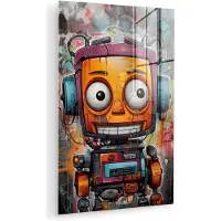 MuchoWow Glasschilderij 120x180 cm - Schilderij acrylglas - Robot - Graffiti - Oranje - Kleuren - Foto op glas - Muurdecoratie woonkamer - Wanddecoratie slaapkamer - Schilderijen