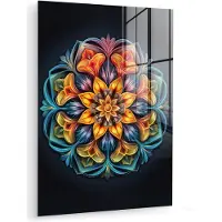 MuchoWow Glasschilderij 60x80 cm - Schilderij acrylglas - Mandala - Licht - Kleuren - Zwart - Bloemen - Foto op glas - Muurdecoratie woonkamer - Wanddecoratie slaapkamer - Schilderijen
