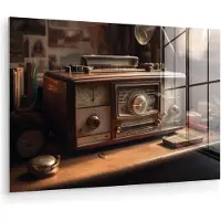 MuchoWow Glasschilderij 120x80 cm - Schilderij acrylglas - Vintage - Radio - Oud - Bureau - Lamp - Foto op glas - Muurdecoratie woonkamer - Wanddecoratie slaapkamer - Schilderijen