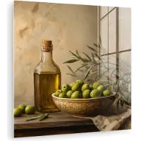 MuchoWow Glasschilderij 20x20 cm - Schilderij acrylglas - Olijven - Stilleven - Vintage - Foto op glas - Muurdecoratie woonkamer - Wanddecoratie slaapkamer - Schilderijen