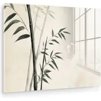 MuchoWow Glasschilderij 120x90 cm - Schilderij acrylglas - Japandi - Bamboe - Beige - Foto op glas - Muurdecoratie woonkamer - Wanddecoratie slaapkamer - Schilderijen