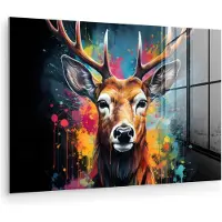 MuchoWow Glasschilderij 180x120 cm - Schilderij acrylglas - Hert - Graffiti - Dieren - Kleuren - Foto op glas - Muurdecoratie woonkamer - Wanddecoratie slaapkamer - Schilderijen