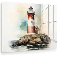 MuchoWow Glasschilderij 80x60 cm - Schilderij acrylglas - Vuurtoren - Rots - Wit - Natuur - Zee - Maritiem - Foto op glas - Muurdecoratie woonkamer - Wanddecoratie slaapkamer - Schilderijen