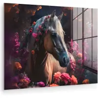 MuchoWow Glasschilderij 120x90 cm - Schilderij acrylglas - Paard - Bloemen - Paars - Oranje - Dieren - Foto op glas - Muurdecoratie woonkamer - Wanddecoratie slaapkamer - Schilderijen