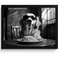 PosterMonkey Poster in lijst - Fotolijst 40x30 cm - Posters - Golden Retriever - Hond - Vrolijk - Bord spaghetti - Zwart - wit - Posterlijst zwart - Decoratie - Wanddecoratie woonkamer - Muurdecoratie slaapkamer