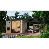 Karibu Gartenhaus, hybride model Jupiter 2, in een set met een uitbouw, ongeveer 2,35 meter breed, in de kleur watergrijs, afmetingen 438x213x208,5 cm
