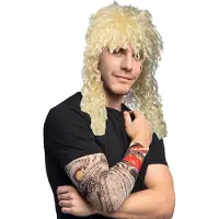 Boland Carnaval Verkleed set Rocker/biker - Heren - pruik in het blond en arm sleeves met tatoeages
