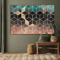 MuchoWow Glasschilderij 180x120 cm - Schilderij acrylglas - Abstract - Kubus - Goud - Patronen - Luxe - Foto op glas - Muurdecoratie woonkamer - Wanddecoratie slaapkamer - Schilderijen
