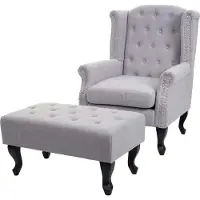 Mendler Fauteuil Chesterfield, relaxfauteuil Clubfauteuil Oorfauteuil, waterafstotende stof/textiel ~ grijs met voetenbank