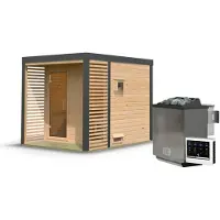 Karibu | Ares 2 Buitensauna | Onbehandeld-Antraciet | Biokachel 9 kW Externe Bediening