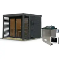 Karibu Saunahuis Buiten sauna Tuin sauna Ares 3, antracietkleurig, oven 9 kW, externe bediening, easy, 38 mm massief hout, 277x276x232 cm, kleur: antraciet