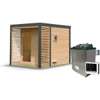 Karibu Saunahuis Buiten sauna Tuin sauna Ares 2, onbehandeld, oven 9 kW, externe bediening, easy, 38 mm massief hout, 237x276x232 cm, metaalkleur: antraciet