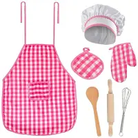 Kruzzel Kinderkookset - 7 Delige Chef Outfit - Roze-Wit Geruit - Stimuleer Culinaire Vaardigheden