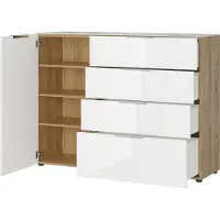 Germania Dressoir, met 4 laden en 1 deur, glazen front en blad, B 1340 x D 420 x H 1020 mm, Navarra eik/wit