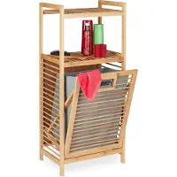 Relaxdays badkamerrek met wasmand - 2 etages - kantelbare wasbox - bamboe - stof - 95 x 40 x 30 cm - naturel/grijs