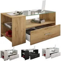 VCM Tindala salontafel met glazen blad, 1 lade, 3 plankenzwart.