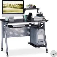 Relaxdays Moderne computerbureau met glazen blad, zwart-zilver