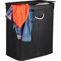 Relaxdays wasmand met deksel - 2 vakken - bamboe wasbox - 72 liter - mand voor wasgoed zwart