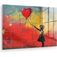 MuchoWow Glasschilderij 60x40 cm - Schilderij acrylglas - Banksy Style - Kleurrijk - Graffiti - Meisje - Street art - Foto op glas - Muurdecoratie woonkamer - Wanddecoratie slaapkamer - Schilderijen