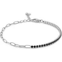 CO88 Collection - 8CB-91362 - grove schakelarmband vrouwen met zwarte zirconia stenen - 2 mm - 16.5+3 cm - zilverkleurig