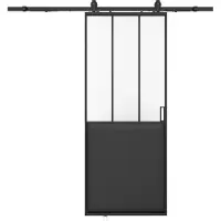 Vente-unique Schuifdeur in atelierstijl met wandbevestiging - Zwart en gehard matglas - H205 x L63 cm - ARTISTO II