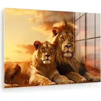 MuchoWow Glasschilderij 30x20 cm - Schilderij acrylglas - Leeuwen - Zonsondergang - Afrika - Savanne - Dieren - Foto op glas - Muurdecoratie woonkamer - Wanddecoratie slaapkamer - Schilderijen