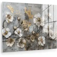 MuchoWow Glasschilderij 120x90 cm - Schilderij acrylglas - Bloemen - Wit - Grijs - Goud - Luxe - Foto op glas - Muurdecoratie woonkamer - Wanddecoratie slaapkamer - Schilderijen