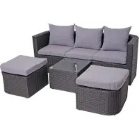 Mendler 3in1 set -J37, tuin/loungeset zonne-eiland, gesponnen poly-rattan MVG ~ antraciet, kussens lichtgrijs