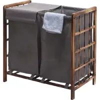 MCW Wasbak -B60, Wasbox wasmand, massief hout 2 vakken 60x60x33cm 68l ~ bruin, grijs deksel