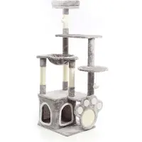 Fudajo Kraboom met voet-krabplank, grijs, 135 cm. Kraboom voor katten met kattenhuis en ligplaats, kattenboom met plateaus, klimboom voor katten