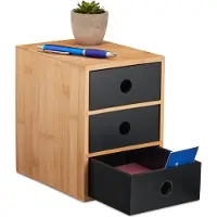 Relaxdays bureau organizer - 3 ruime lades - bamboe - MDF - 21 x 15 x 20 cm - natuur/zwart