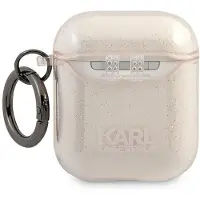 Karl Lagerfeld AirPods 1/2 hoesje, transparant met gouden/gouden glitter details, Choupette design