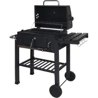 MCW Barbecuetrolley -K93, houtskool barbecue staander BBQ tuinbarbecue met deksel planken, staal, 110x100x51cm zwart