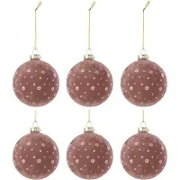 J-Line Doos van 6 kerstbal stippen fluweel licht roze/goud