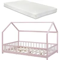 En.casa Kinderbed "Sisimiut" met huiselijke uitstraling, inclusief matras en valbeveiliging. Gemaakt van grenenhout, afmetingen 120 x 200 cm. Kleur: roze/wit