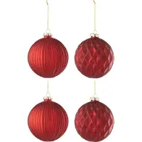 J-Line Doos van 4 kerstbal 2+2 geribbeld/ruit glas rood large