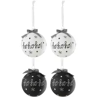 J-Line Doos van 4 kerstbal 2+2 hoho+sneeuwvlokken+boog glas zwart/wit large