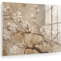 MuchoWow Glasschilderij 160x120 cm - Schilderij acrylglas - Bloemen - Modern - Beige - Wit - Bloesem - Foto op glas - Muurdecoratie woonkamer - Wanddecoratie slaapkamer - Schilderijen