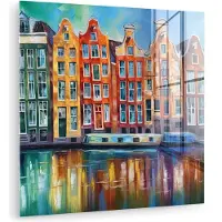 MuchoWow Glasschilderij 20x20 cm - Schilderij acrylglas - Amsterdam - Olieverf - Gracht - Schilderij - Kunst - Foto op glas - Muurdecoratie woonkamer - Wanddecoratie slaapkamer - Schilderijen