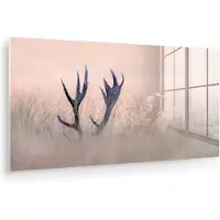MuchoWow Glasschilderij - Hert - Gewei - Mist - Natuur - Acrylglas - Foto op glas - 40x20 cm - Muurdecoratie glas - Schilderij glas