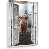 MuchoWow Glasschilderij 30x40 cm - Schilderij acrylglas - Schotse hooglander - Koe - Landelijk - Doorkijk - Foto op glas - Muurdecoratie woonkamer - Wanddecoratie slaapkamer - Schilderijen