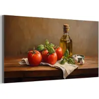 MuchoWow Aluminium schilderij 40x20 cm - Wanddecoratie metaal - Tomaten - Olijfolie - Stilleven - Metalen muurdecoratie woonkamer - Decoratie industrieel - Foto op dibond - Industriële accessoires slaapkamer