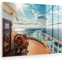 MuchoWow Glasschilderij 160x120 cm - Schilderij acrylglas - Boot - Water - Zee - Varen - Bergen - Zon - Maritiem - Foto op glas - Muurdecoratie woonkamer - Wanddecoratie slaapkamer - Schilderijen