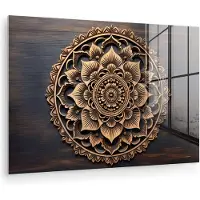 MuchoWow Glasschilderij 120x80 cm - Schilderij acrylglas - Mandala - Hout - Bloemen - Bruin - Foto op glas - Muurdecoratie woonkamer - Wanddecoratie slaapkamer - Schilderijen