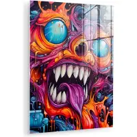 MuchoWow Glasschilderij 60x80 cm - Schilderij acrylglas - Monster - Graffiti - Kleuren - Oranje - Foto op glas - Muurdecoratie woonkamer - Wanddecoratie slaapkamer - Schilderijen